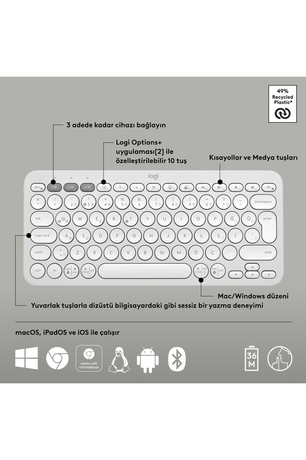 K380s Pebble Keys 2 Çoklu Cihaz Özellikli Bluetooth Türkçe Q Klavye, Beyaz 920-011860 - 7