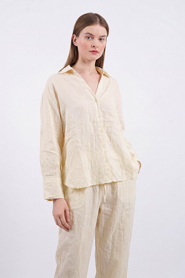 Beyaz Gömlek Ve Beli Lastikli Pantolon Keten Görünümlü Dokuma Alt - Üst Takım TWOSS25AU00120 - 4