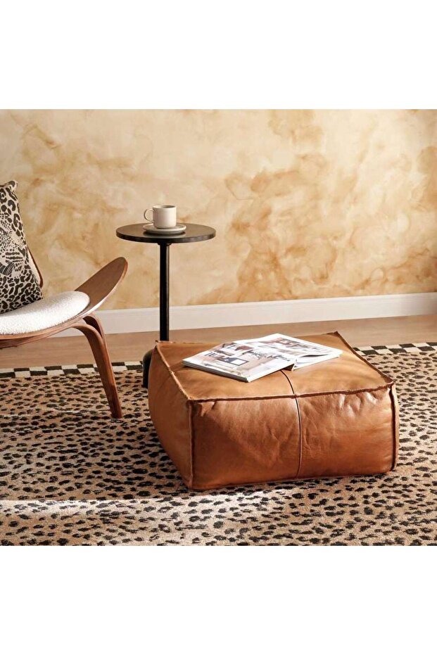 Astic Leather Pouf 60x60x25cm - Tan