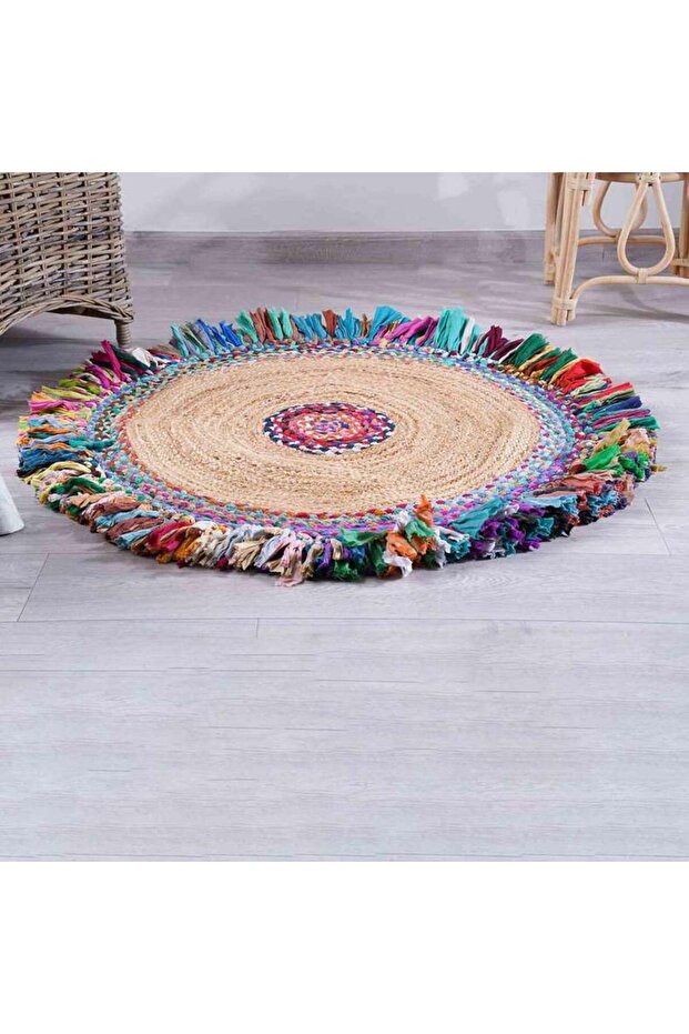 AMARA CHINDI & JUTE ROUND RUG MULTI D90CM