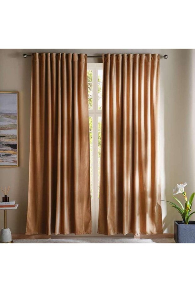 Serena Cotton Velvet Curtain Pair With Heading Tape-135x300- Beige