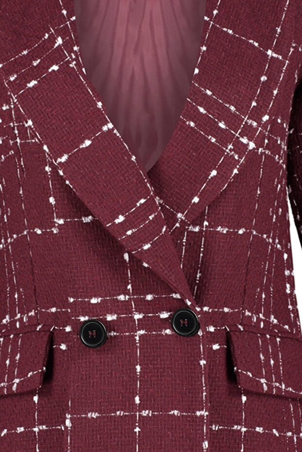Bordo Oversize Dokuma Ekose Blazer Ceket TWOAW21CE0105 - 8