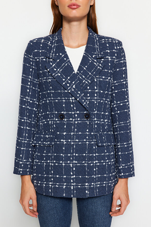 Lacivert Tüvit Regular Dokuma Ekose Blazer Ceket TWOAW21CE0105 - 5