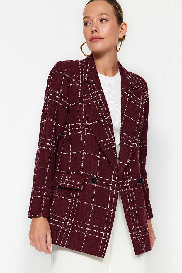 Bordo Oversize Dokuma Ekose Blazer Ceket TWOAW21CE0105 - 5
