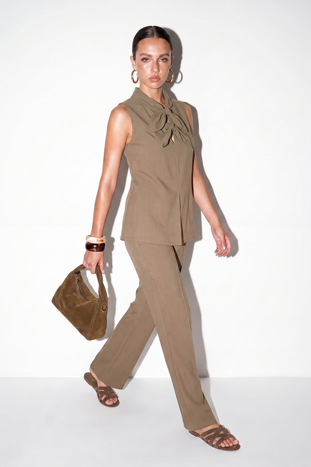 Khaki Bow Collar Slit Zipper Blouse with Elastic Waist Pleated Trousers Tdrss26Au00060