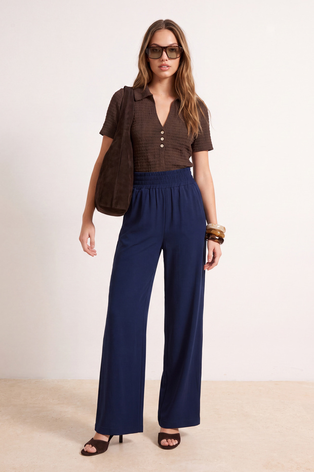 Lacivert Wide Leg/Geniş Paça Beli Lastikli Dokuma Pantolon TWOSS22PL00024 - 2