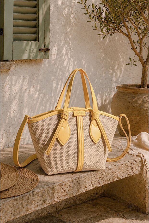 Women's Yellow Straw Lined Zippered Hand and Shoulder Bag