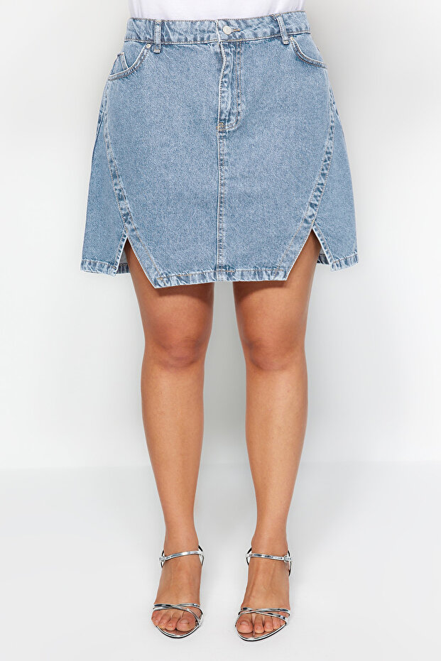 Mavi Çift Yırtmaçlı A line Comofrt/Orta Esnek BüyüK Beden Denim Etek TBBSS23AZ00056 - 4