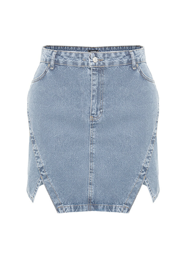Mavi Çift Yırtmaçlı A line Comofrt/Orta Esnek BüyüK Beden Denim Etek TBBSS23AZ00056 - 10