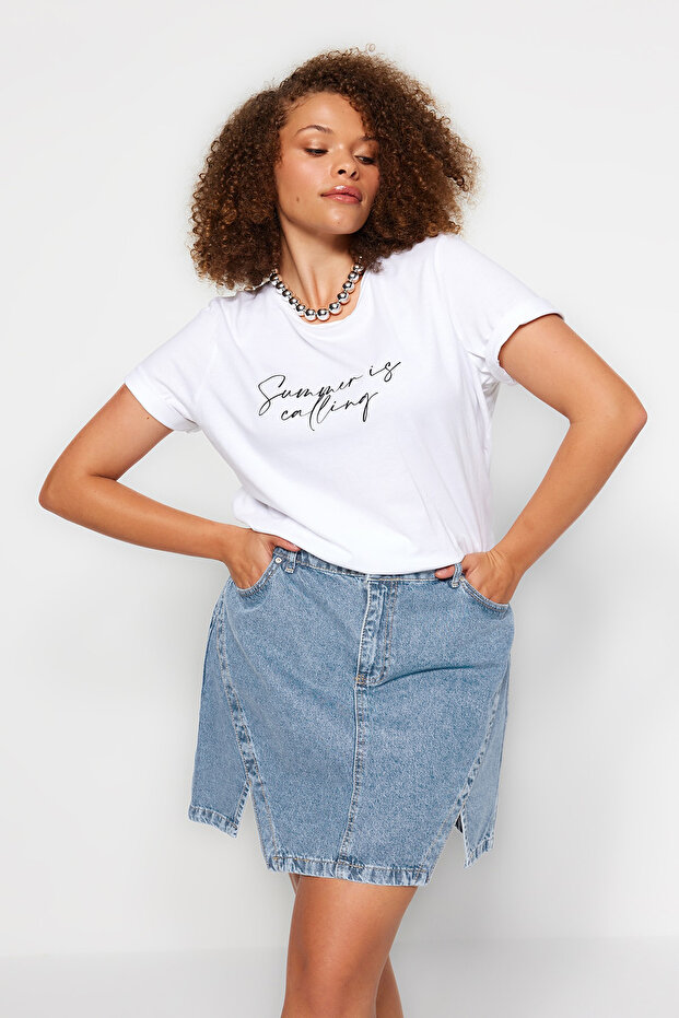 Mavi Çift Yırtmaçlı A line Comofrt/Orta Esnek BüyüK Beden Denim Etek TBBSS23AZ00056 - 2