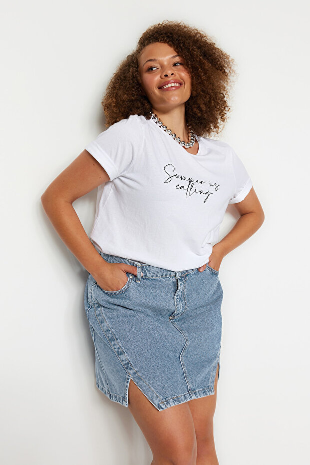 Mavi Çift Yırtmaçlı A line Comofrt/Orta Esnek BüyüK Beden Denim Etek TBBSS23AZ00056 - 3