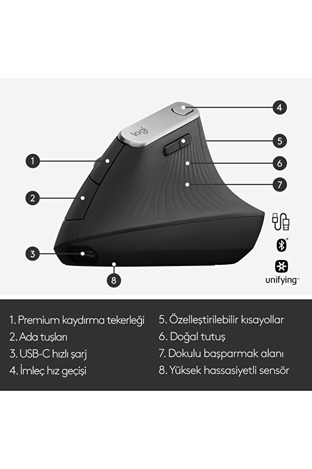 MX Vertical Gelişmiş 4000 DPI Ergonomik Dikey Mouse, Siyah 910-005448 - 7