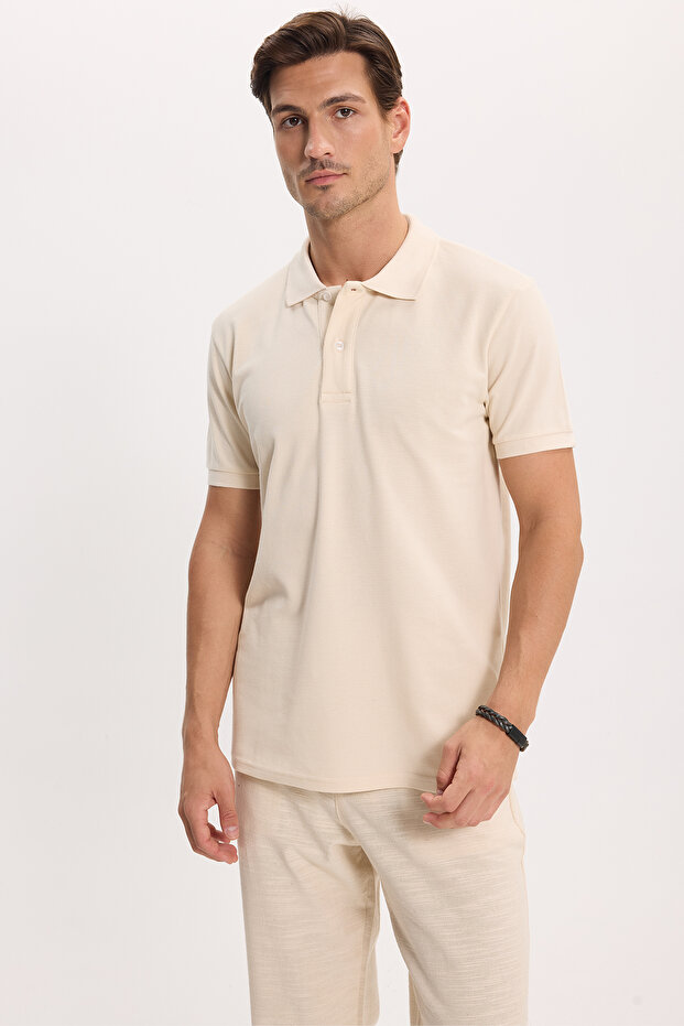 Men's Slim Fit 100% Cotton Short Sleeve Polo Collar Ecru T-Shirt