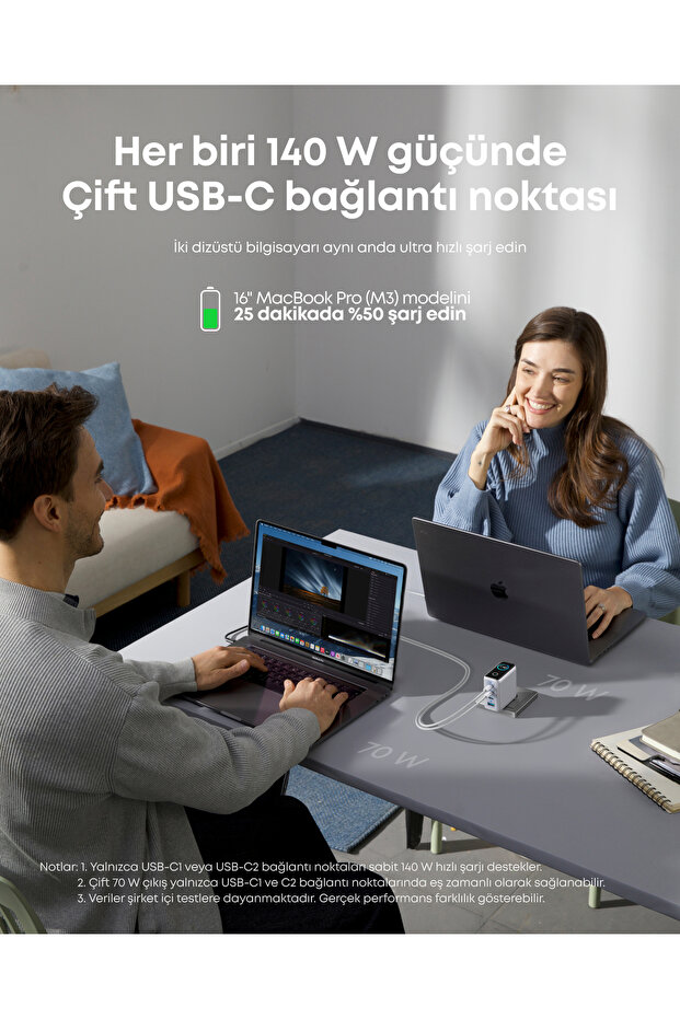 140W USB-C Şarj Cihazı, 4 Bağlantı Noktalı, Gelişmiş GaN, Dokunmatik Kontrol, Gri - B2697 - 3
