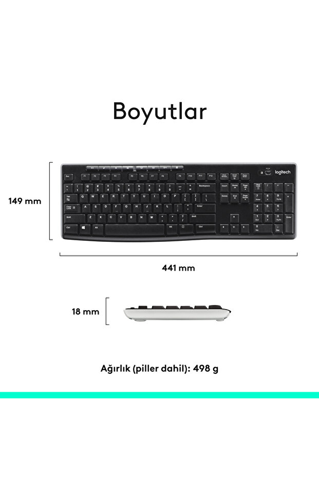 K270 Tam Boyutlu Kablosuz Türkçe Q Klavye, Siyah 920-003761 - 9