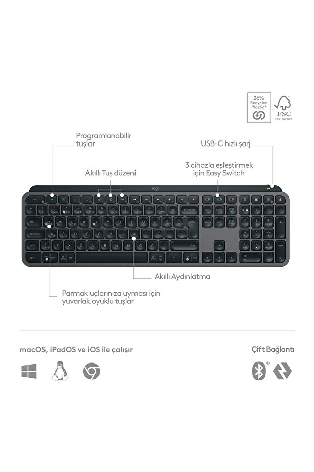MX Keys S Gelişmiş Aydınlatmalı Tam Boyutlu Kablosuz Türkçe Q Klavye, Siyah 920-011594 - 7