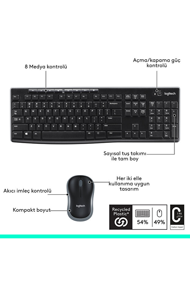 MK270 Kablosuz USB Alıcılı Türkçe Q Klavye Mouse Seti, Siyah 920-004525 - 8