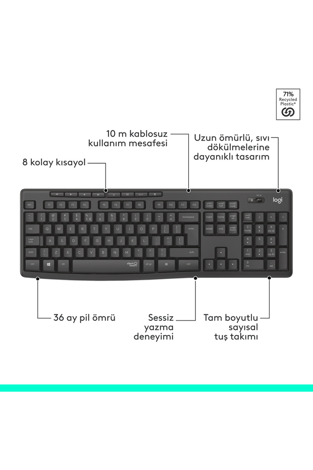 MK295 Sessiz Kablosuz Türkçe Q Klavye Mouse Seti, Siyah 920-009804 - 8