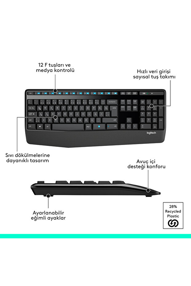MK345 Kablosuz Türkçe Q Klavye Mouse Seti, Siyah 920-006514 - 7