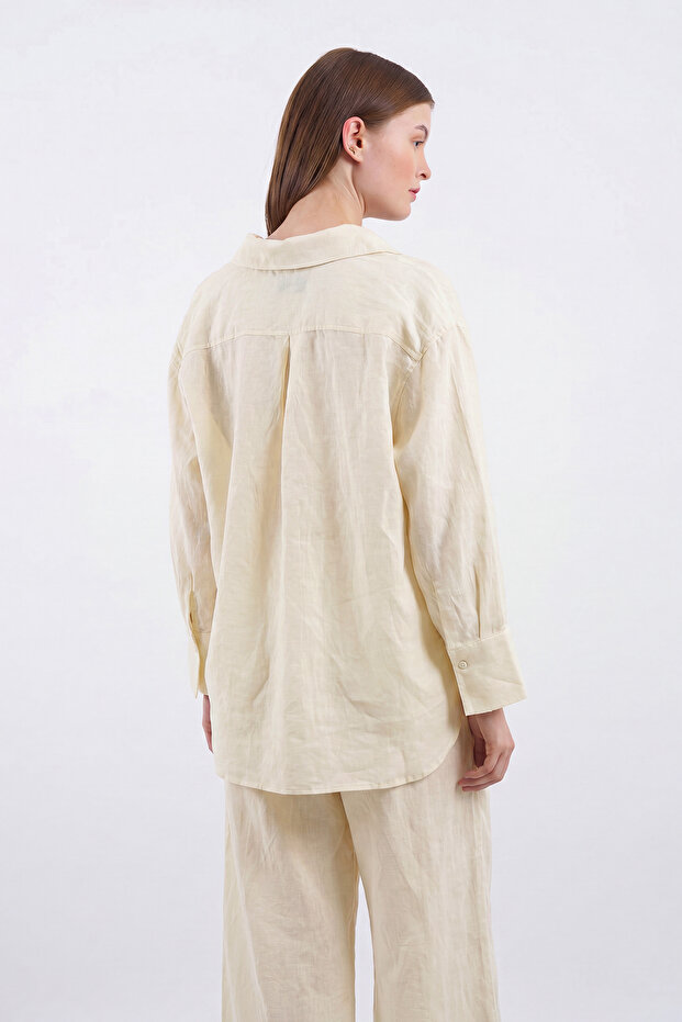 Beyaz Gömlek Ve Beli Lastikli Pantolon Keten Görünümlü Dokuma Alt - Üst Takım TWOSS25AU00120 - 5