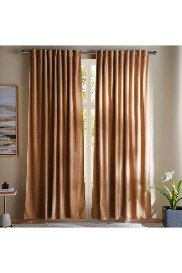 Serena Cotton Velvet Curtain Pair With Heading Tape-135x240- Beige