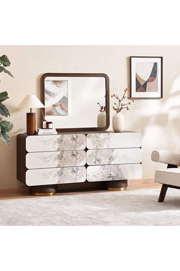 Vienna Dresser With 6 Drawers And Mirror Ceramic- Oak & Brown
