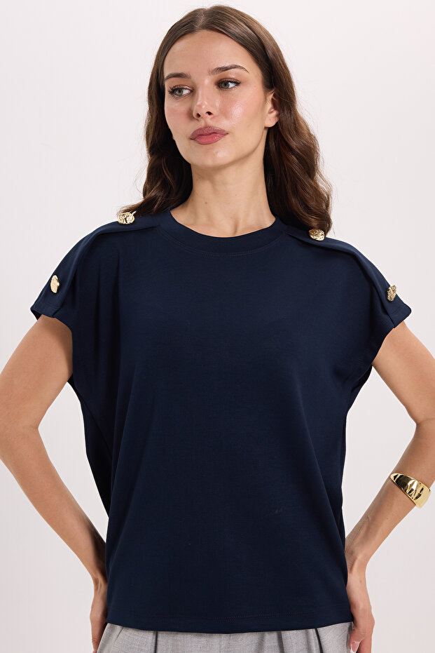 Women's Oversize Wide Cut Crew Neck Buttoned Shoulder Lycra Navy Blue Viscose Blouse