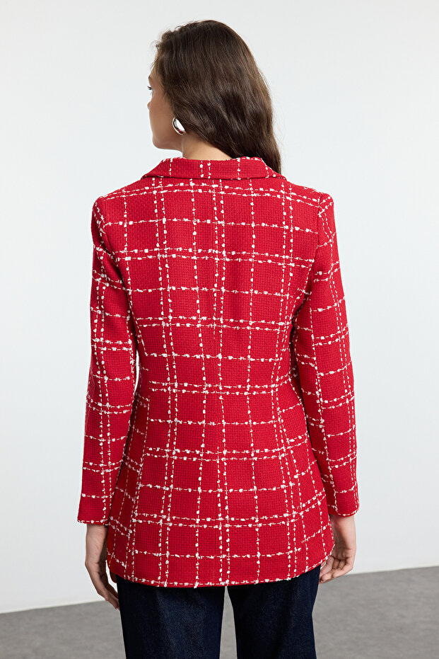 Kırmızı Oversize Dokuma Ekose Blazer Ceket TWOAW21CE0105 - 5