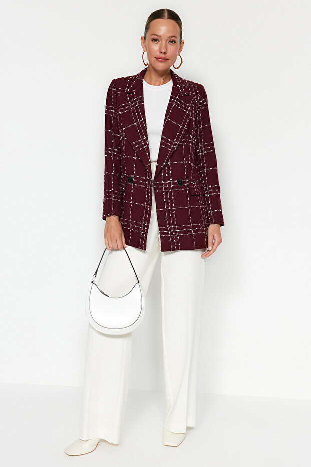 Bordo Oversize Dokuma Ekose Blazer Ceket TWOAW21CE0105 - 1