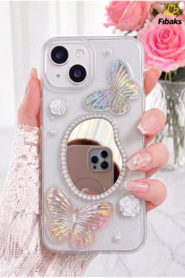 iPhone 13/14/15 Case 3D Butterfly Rose Pattern Mirrored Glitter Transparent Design Silicone Cover