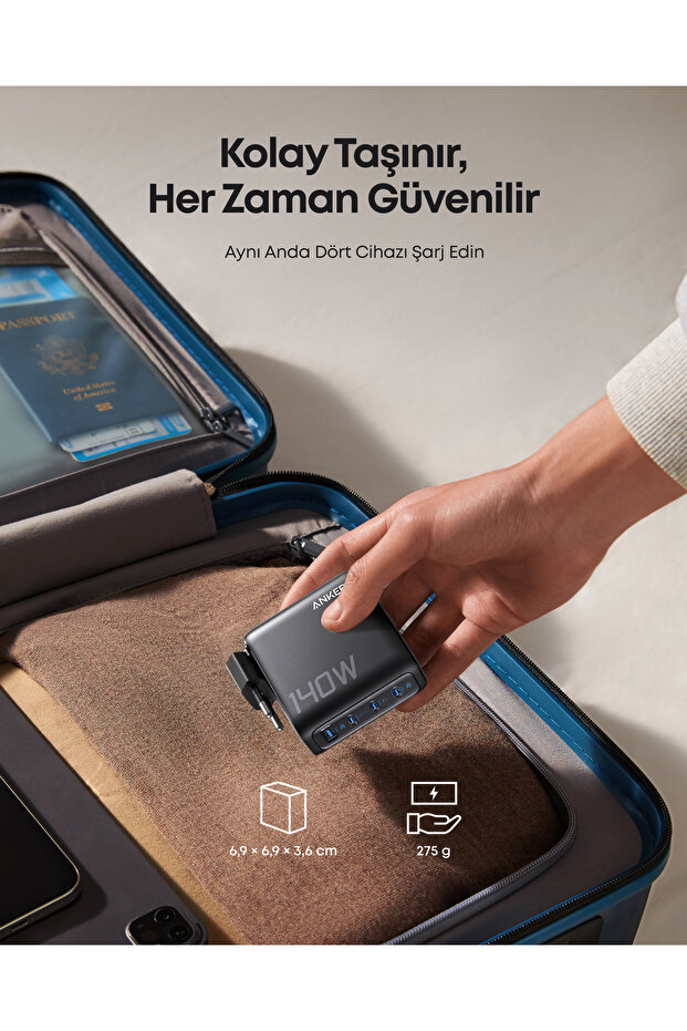 140W USB-C Şarj Cihazı, 4 Bağlantı Noktalı, Gelişmiş GaN, Dokunmatik Kontrol, Siyah - B2697 - 6