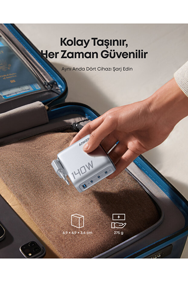 140W USB-C Şarj Cihazı, 4 Bağlantı Noktalı, Gelişmiş GaN, Dokunmatik Kontrol, Gri - B2697 - 7