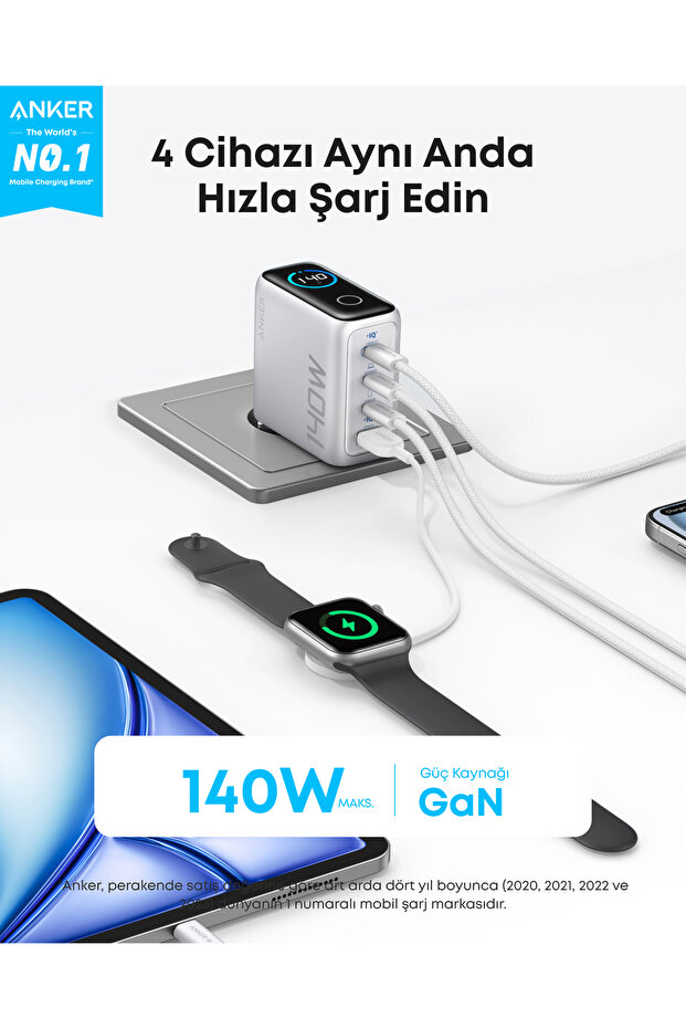 140W USB-C Şarj Cihazı, 4 Bağlantı Noktalı, Gelişmiş GaN, Dokunmatik Kontrol, Gri - B2697 - 2