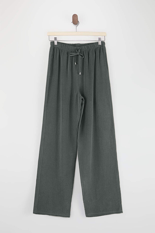Yeşil Keten Karışımlı Geniş Paça Tencel Pantolon TDRSS26PL00008 - 4