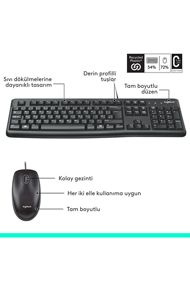 MK120 USB Kablolu Tam Boyutlu Türkçe Q Klavye Mouse Seti, Siyah 920-002560 - 8