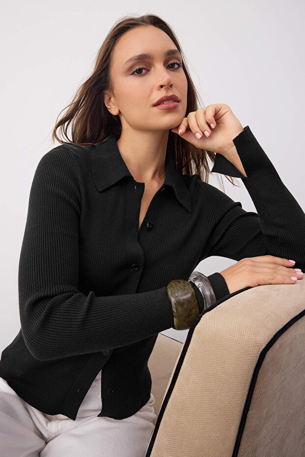 Wardrobe Essentials Siyah Premium İplik Polo Yaka Triko Hırka | TWOAW26HI00225