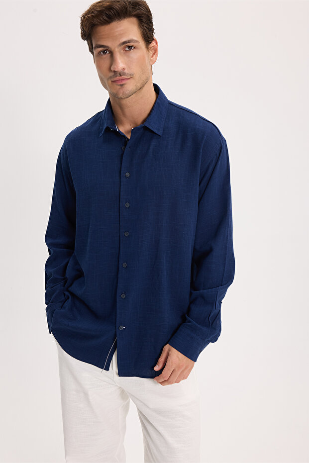 Men's Relax Fit Comfortable Cut Long Sleeve Self-Patterned Viscose Fabric Ribbed Navy Blue Shirt