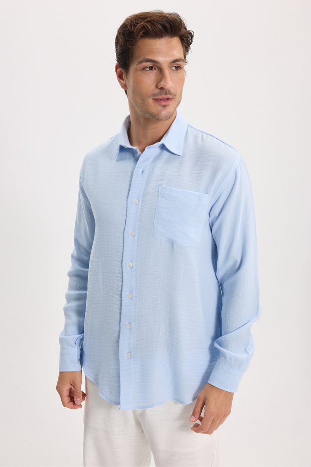 Men's Relax Fit Comfortable Cut Oversize Muslin Viscose Cotton Single Pocket Plain Blue Shirt