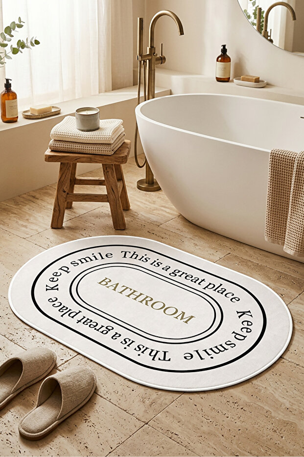 Washable Written Striped Bathroom Carpet Mat Toilet Seat Single Piece Oval 60x100 Dc-8028