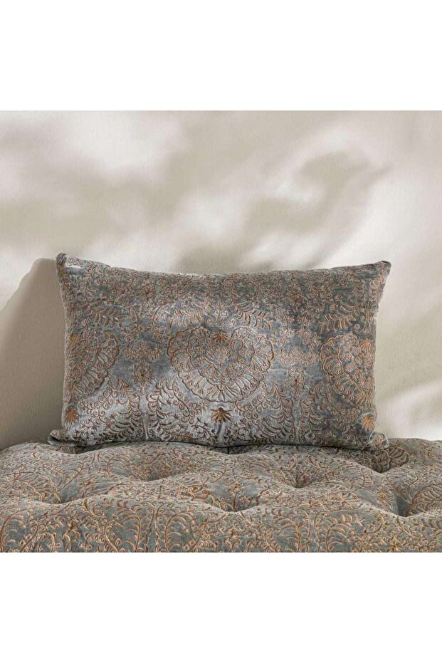 Isabella Embroidered Velvet Filled Cushion 35x60cm - Grey