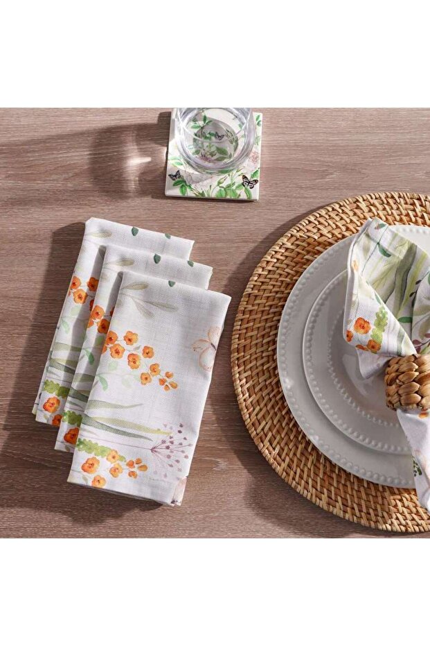 Botanical Garden Embroidered 4 Piece Napkin Set 42x42cm - White