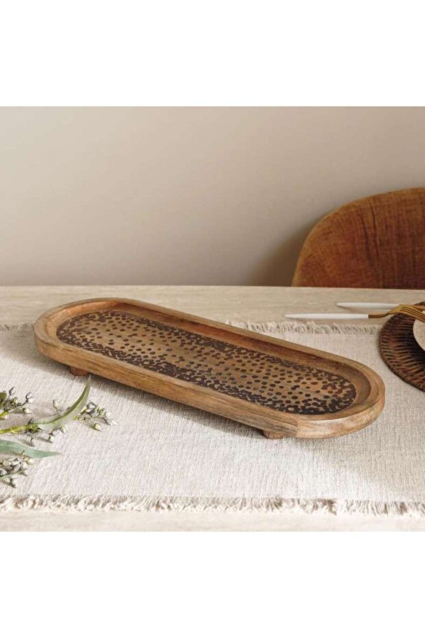 Savanna Mango Wood Etched Footed Oval Platter 51x18x5cm -brown