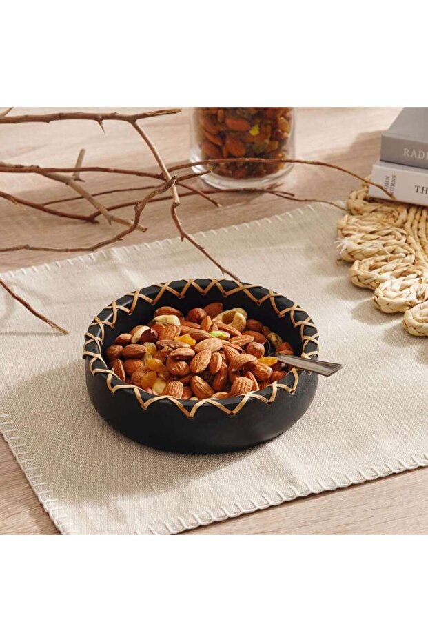 Legna Wooden Serving Bowl With Ratan Dia15x4cm - Black