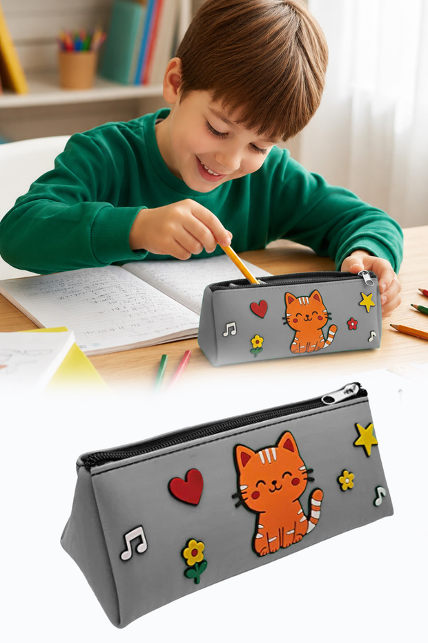 Cat Design Kids Pencil Case Pvc Triangle Zipper School Bag Organizer 20 cm