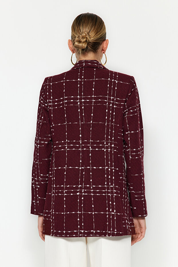 Bordo Oversize Dokuma Ekose Blazer Ceket TWOAW21CE0105 - 6