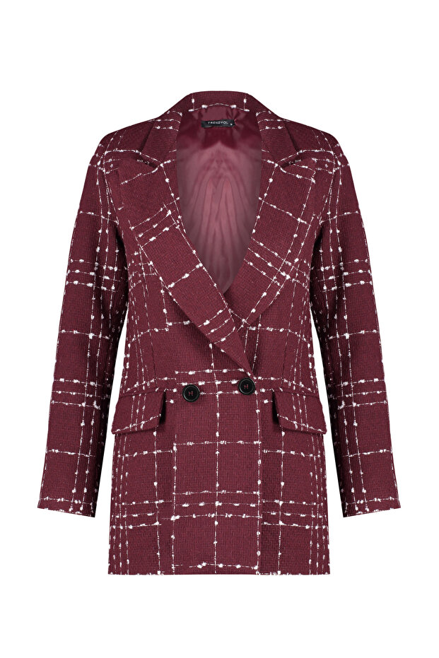Bordo Oversize Dokuma Ekose Blazer Ceket TWOAW21CE0105 - 7