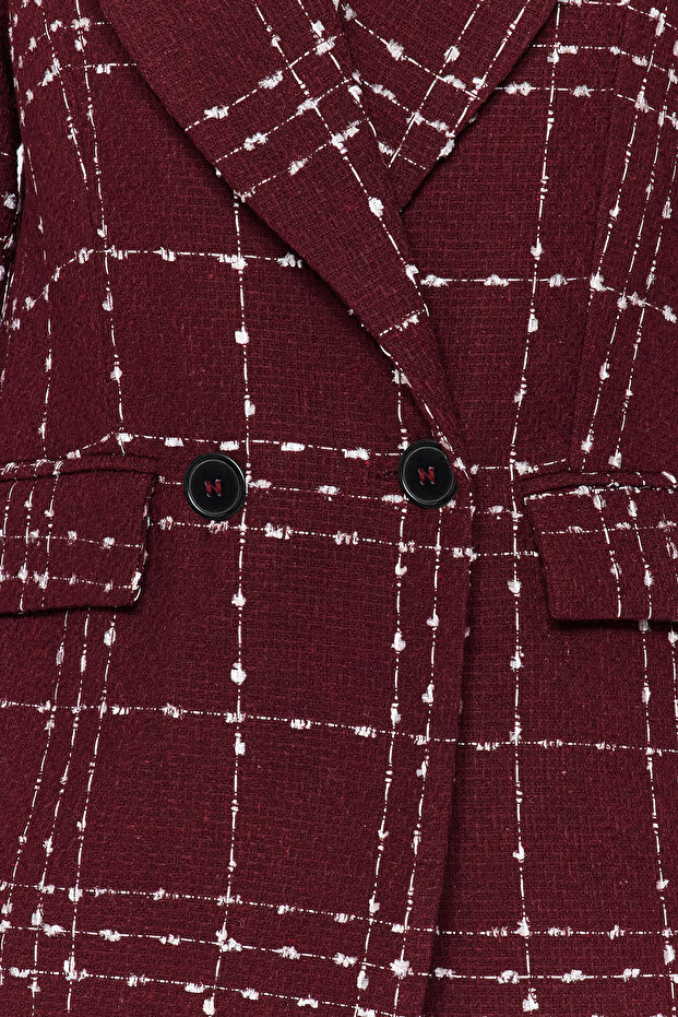 Bordo Oversize Dokuma Ekose Blazer Ceket TWOAW21CE0105 - 4