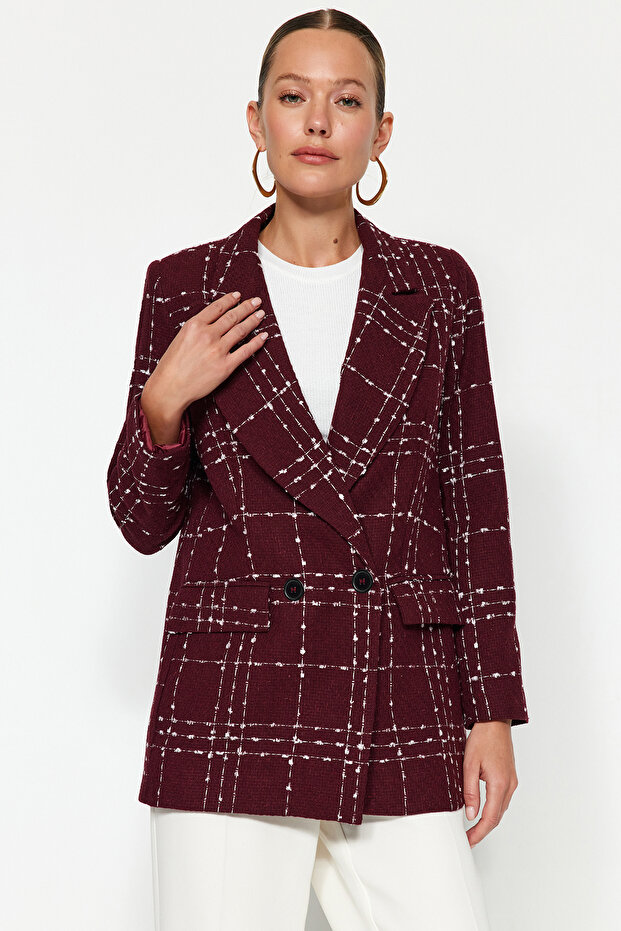 Bordo Oversize Dokuma Ekose Blazer Ceket TWOAW21CE0105 - 2