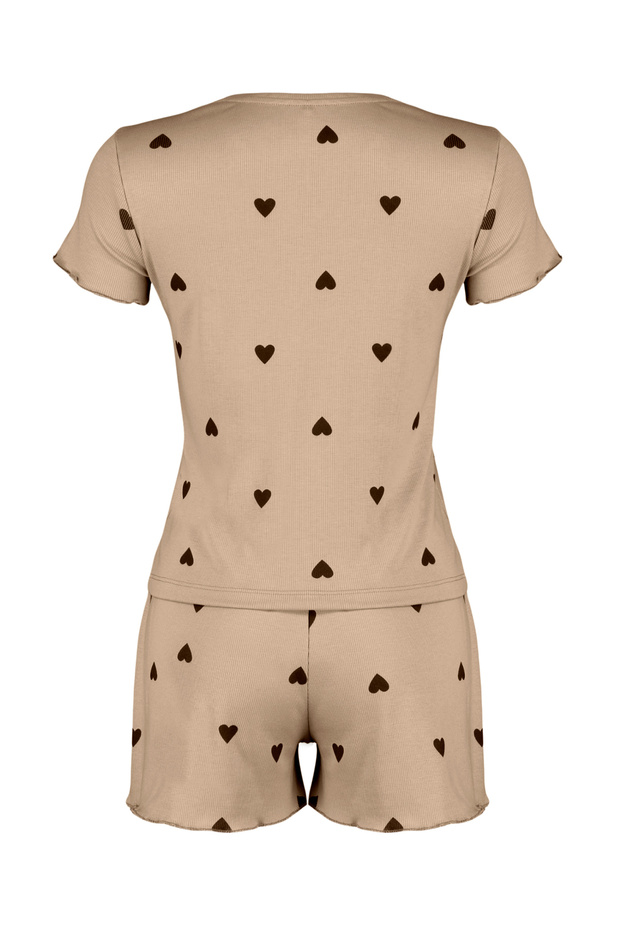 Bej Kalpli Slogan Baskılı Lastikli Fitilli Şortlu Örme Pijama Takımı THMSS24PT00220 - 8