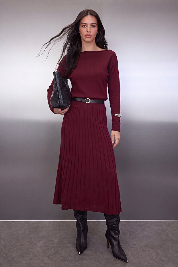 Bordo A-line Kayık Yaka Maxi Triko Kemerli Uzun Elbise TWOAW26EL00013 - 1